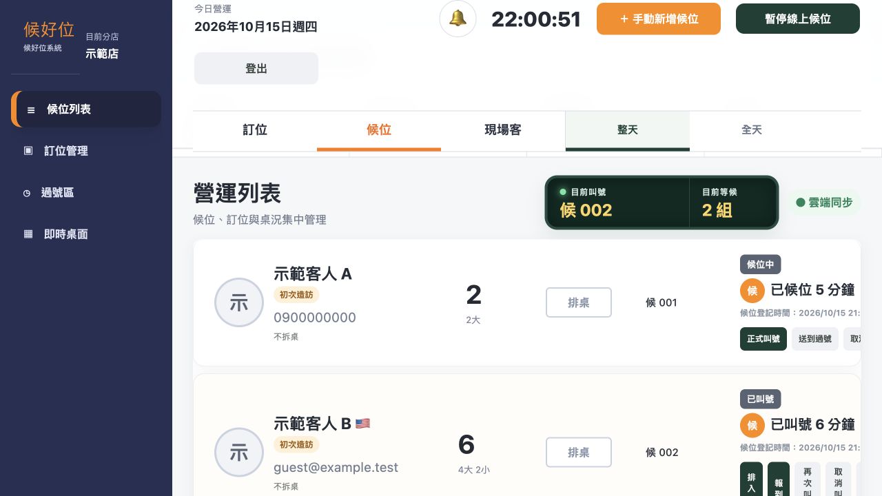候好位：候位接待工作台，示範店真實產品畫面